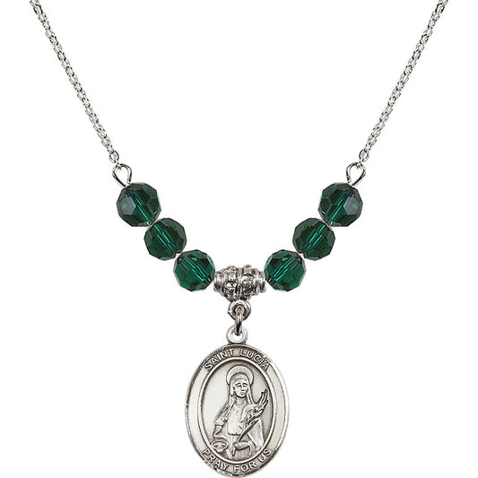 Sterling Silver Saint Lucia of Syracuse Birthstone Necklace with Emerald Beads - 8065