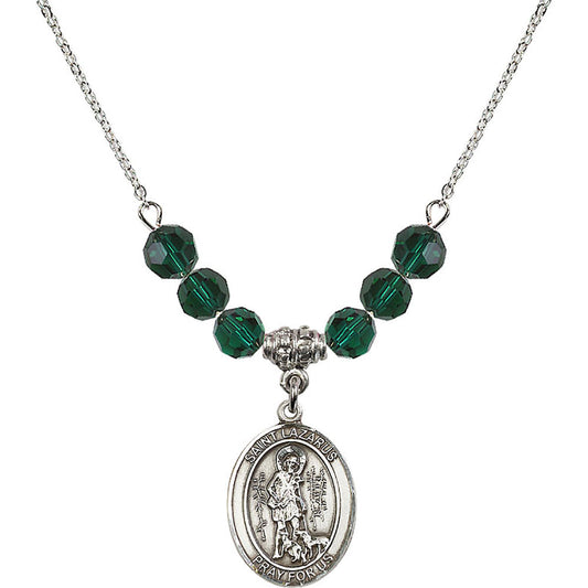 Sterling Silver Saint Lazarus Birthstone Necklace with Emerald Beads - 8066