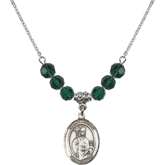 Sterling Silver Saint Kilian Birthstone Necklace with Emerald Beads - 8067