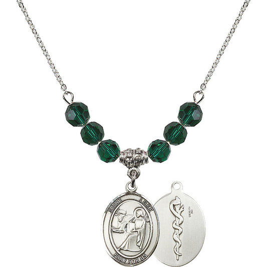 Sterling Silver Saint Luke the Apostle / Doctor Birthstone Necklace with Emerald Beads - 8068