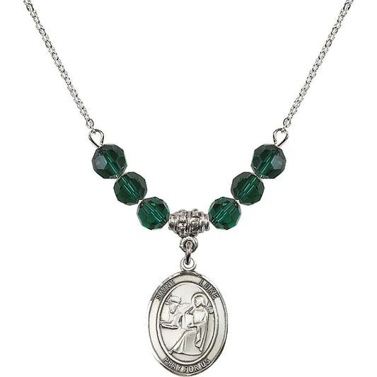 Sterling Silver Saint Luke the Apostle Birthstone Necklace with Emerald Beads - 8068