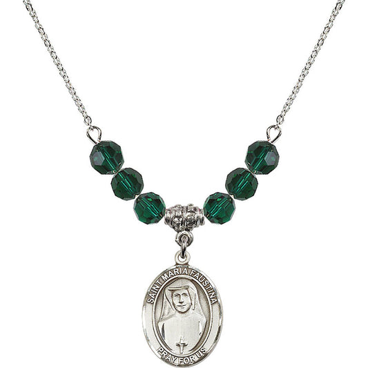 Sterling Silver Saint Maria Faustina Birthstone Necklace with Emerald Beads - 8069