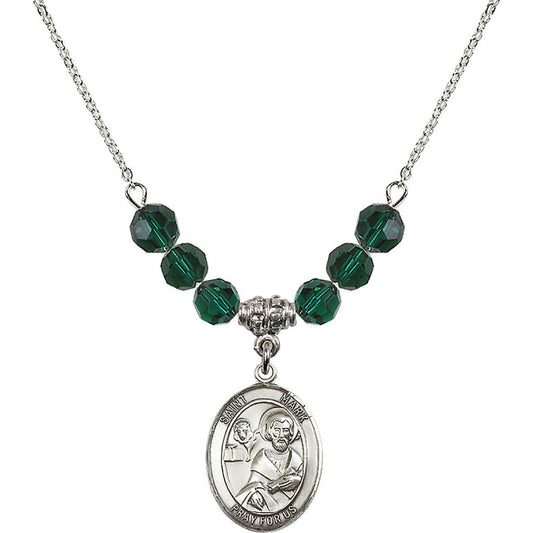 Sterling Silver Saint Mark the Evangelist Birthstone Necklace with Emerald Beads - 8070