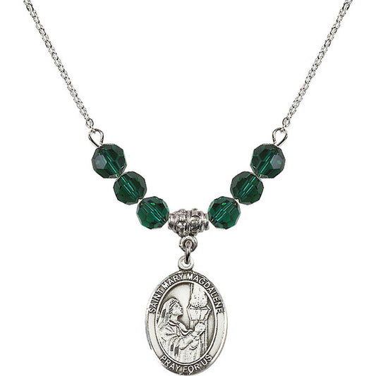 Sterling Silver Saint Mary Magdalene Birthstone Necklace with Emerald Beads - 8071