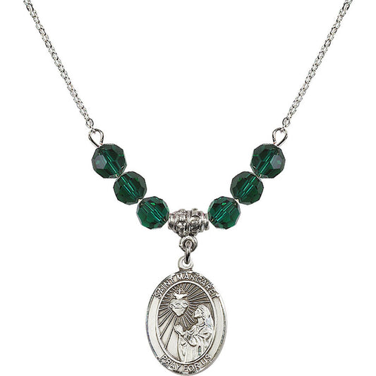 Sterling Silver Saint Margaret Mary Alacoque Birthstone Necklace with Emerald Beads - 8072