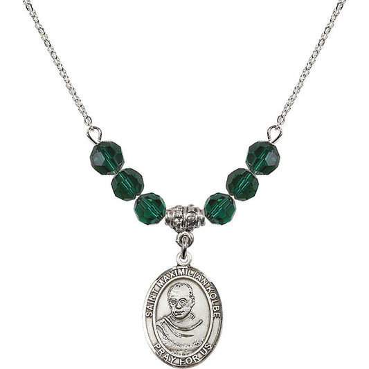 Sterling Silver Saint Maximilian Kolbe Birthstone Necklace with Emerald Beads - 8073