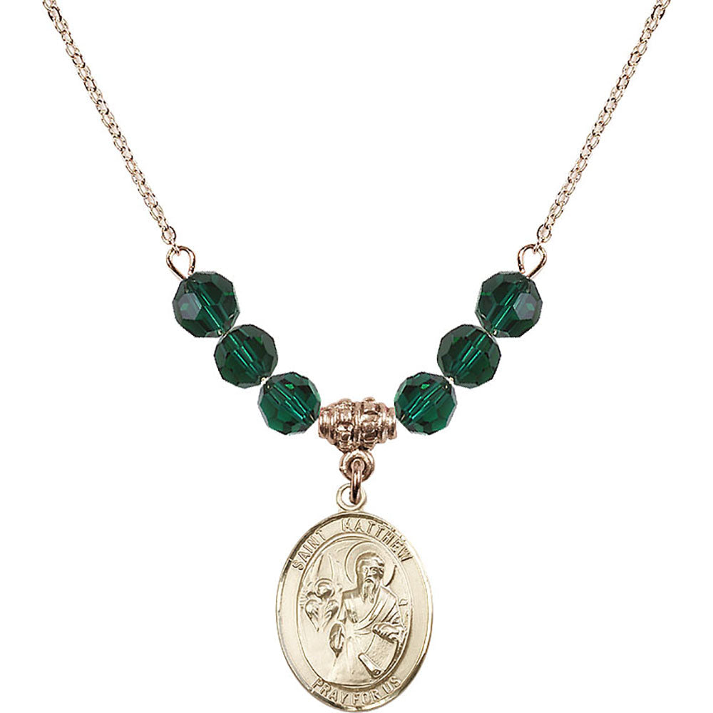 14kt Gold Filled Saint Matthew the Apostle Birthstone Necklace with Emerald Beads - 8074