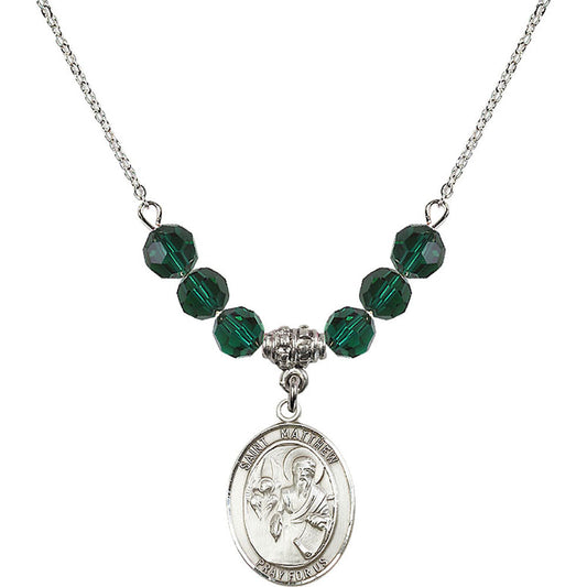 Sterling Silver Saint Matthew the Apostle Birthstone Necklace with Emerald Beads - 8074