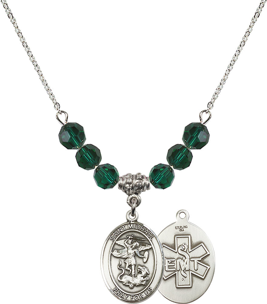 Sterling Silver Saint Michael / EMT Birthstone Necklace with Emerald Beads - 8076