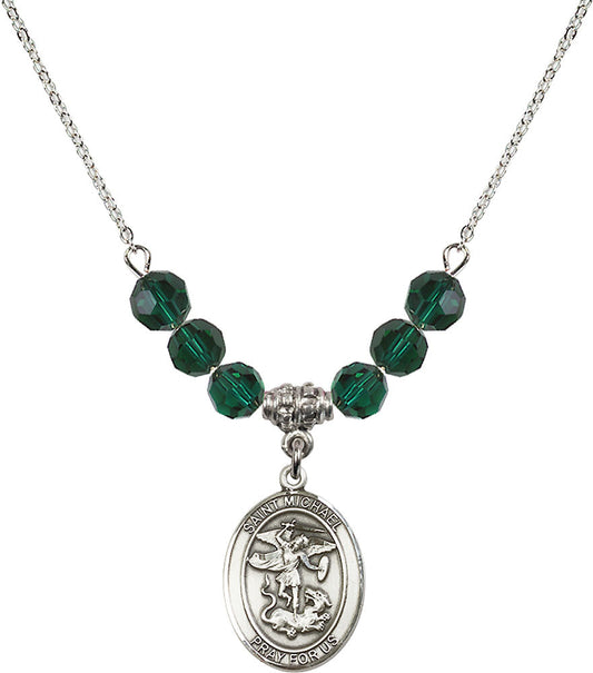 Sterling Silver Saint Michael the Archangel Birthstone Necklace with Emerald Beads - 8076