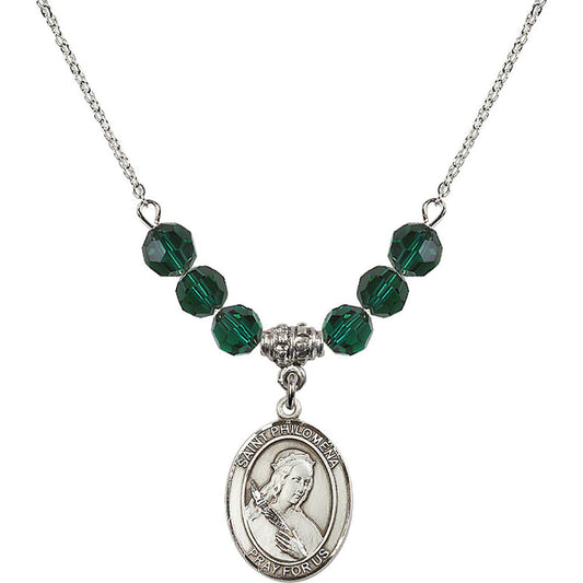 Sterling Silver Saint Philomena Birthstone Necklace with Emerald Beads - 8077