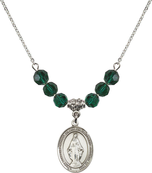 Sterling Silver Miraculous Birthstone Necklace with Emerald Beads - 8078