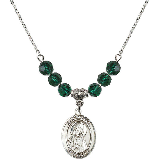 Sterling Silver Saint Monica Birthstone Necklace with Emerald Beads - 8079