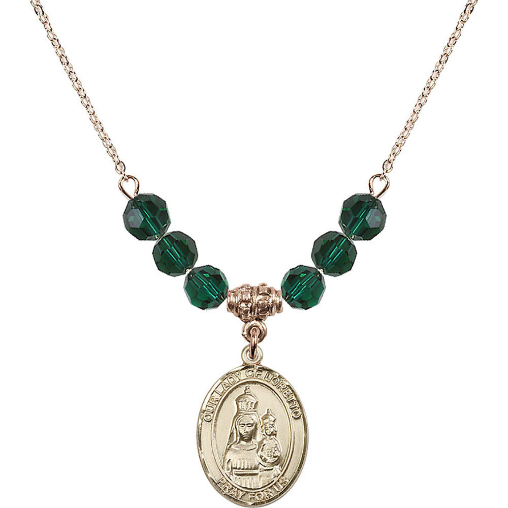 14kt Gold Filled Our Lady of Loretto Birthstone Necklace with Emerald Beads - 8082