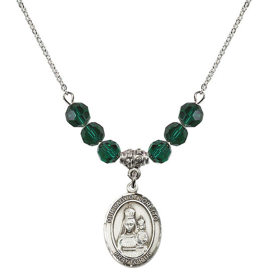 Sterling Silver Our Lady of Loretto Birthstone Necklace with Emerald Beads - 8082