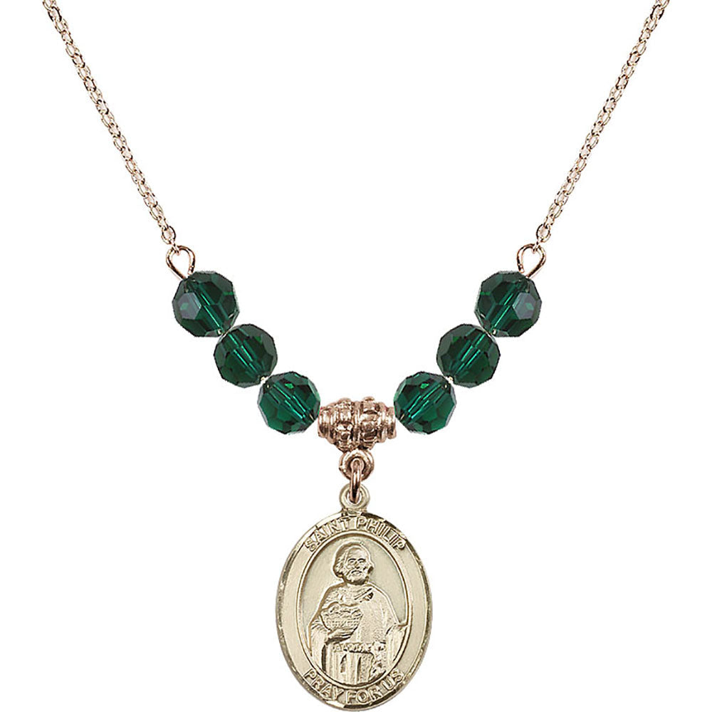 14kt Gold Filled Saint Philip the Apostle Birthstone Necklace with Emerald Beads - 8083