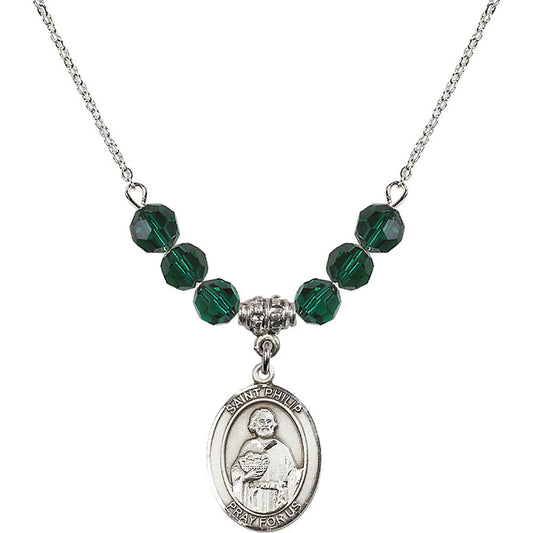 Sterling Silver Saint Philip the Apostle Birthstone Necklace with Emerald Beads - 8083