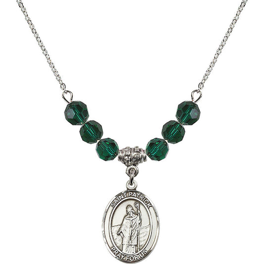 Sterling Silver Saint Patrick Birthstone Necklace with Emerald Beads - 8084