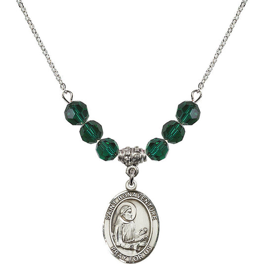 Sterling Silver Saint Bonaventure Birthstone Necklace with Emerald Beads - 8085