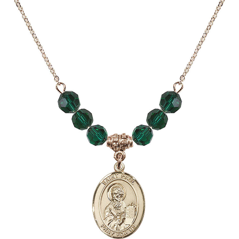 14kt Gold Filled Saint Paul the Apostle Birthstone Necklace with Emerald Beads - 8086