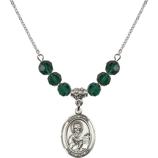 Sterling Silver Saint Paul the Apostle Birthstone Necklace with Emerald Beads - 8086