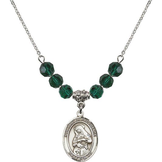 Sterling Silver Our Lady of Providence Birthstone Necklace with Emerald Beads - 8087
