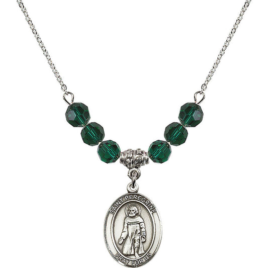 Sterling Silver Saint Peregrine Laziosi Birthstone Necklace with Emerald Beads - 8088