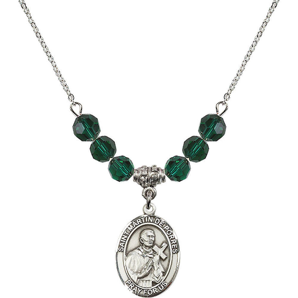 Sterling Silver Saint Martin de Porres Birthstone Necklace with Emerald Beads - 8089