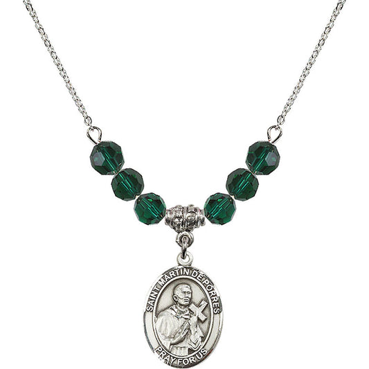 Sterling Silver Saint Martin de Porres Birthstone Necklace with Emerald Beads - 8089
