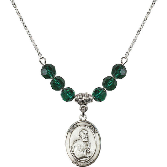Sterling Silver Saint Peter the Apostle Birthstone Necklace with Emerald Beads - 8090