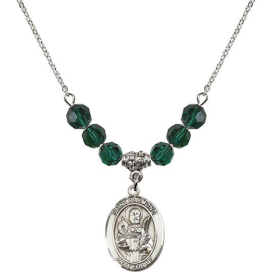 Sterling Silver Saint Raymond Nonnatus Birthstone Necklace with Emerald Beads - 8091