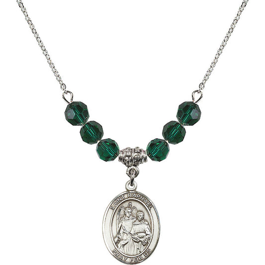 Sterling Silver Saint Raphael the Archangel Birthstone Necklace with Emerald Beads - 8092