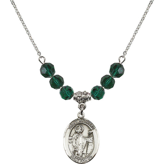 Sterling Silver Saint Richard Birthstone Necklace with Emerald Beads - 8093