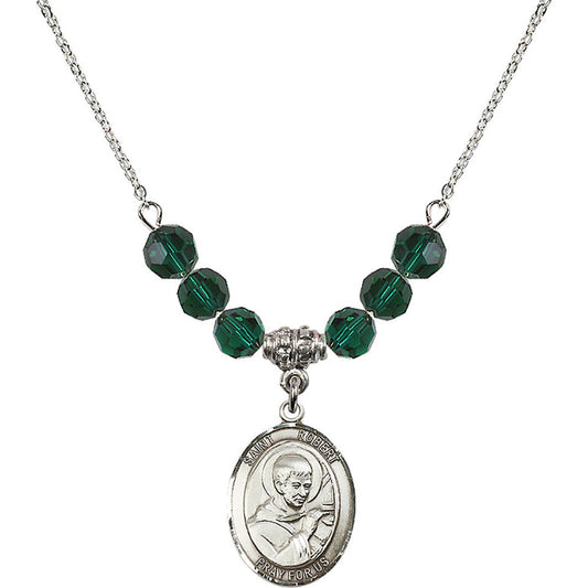 Sterling Silver Saint Robert Bellarmine Birthstone Necklace with Emerald Beads - 8096