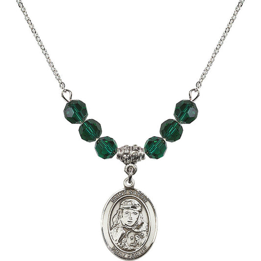 Sterling Silver Saint Sarah Birthstone Necklace with Emerald Beads - 8097