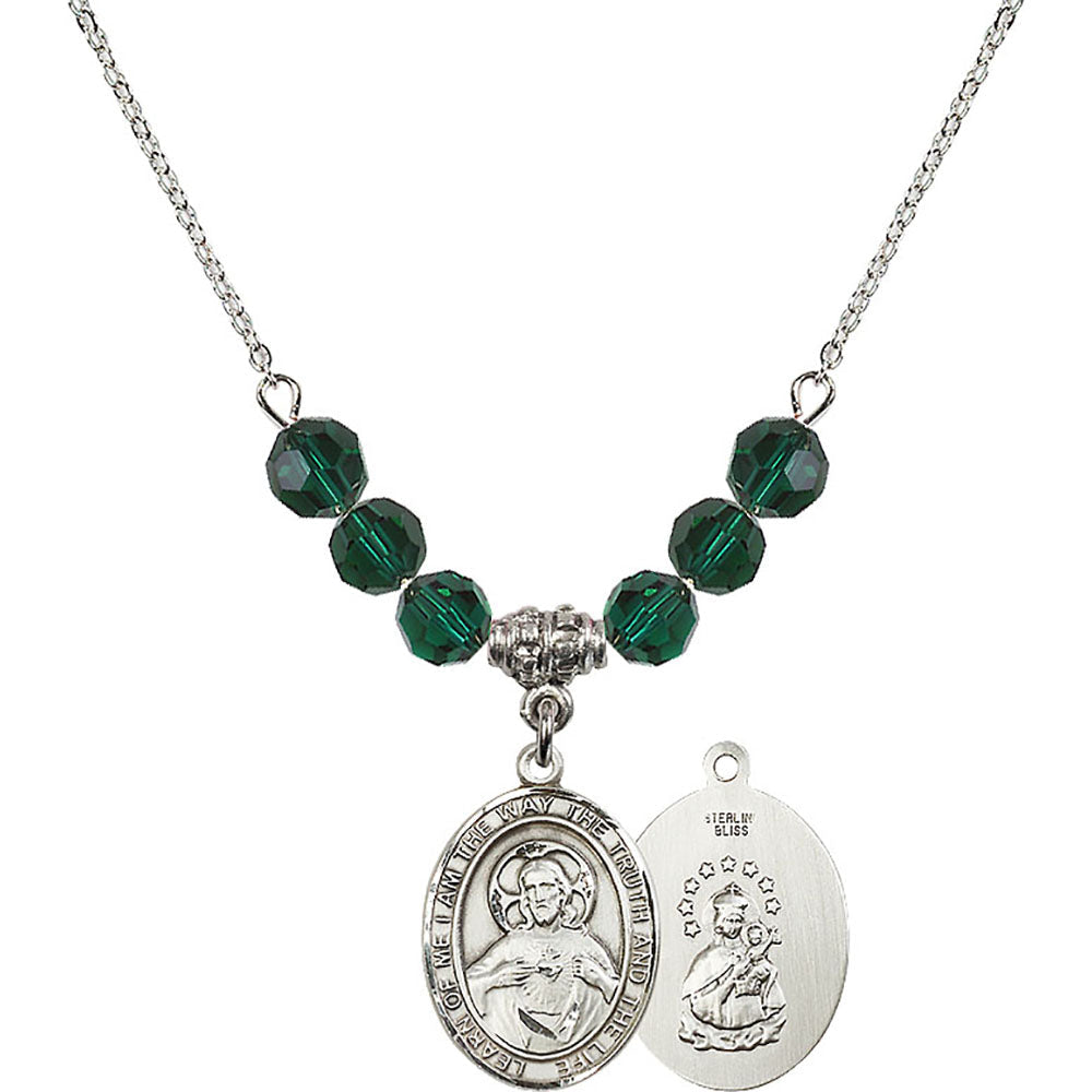 Sterling Silver Scapular Birthstone Necklace with Emerald Beads - 8098