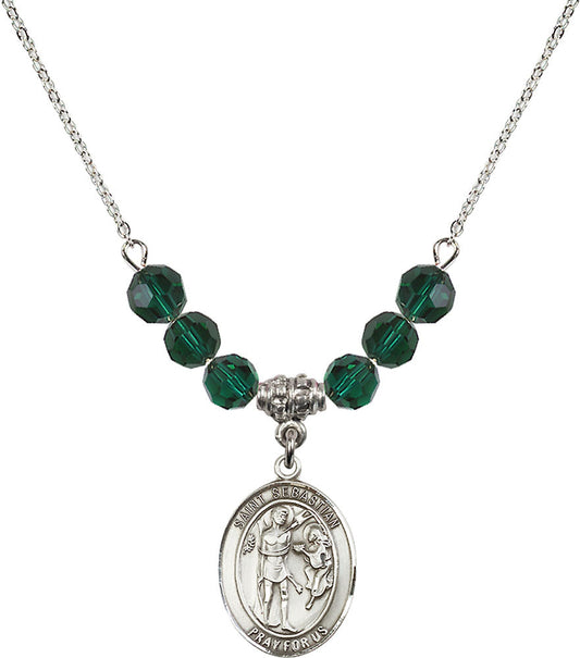 Sterling Silver Saint Sebastian Birthstone Necklace with Emerald Beads - 8100