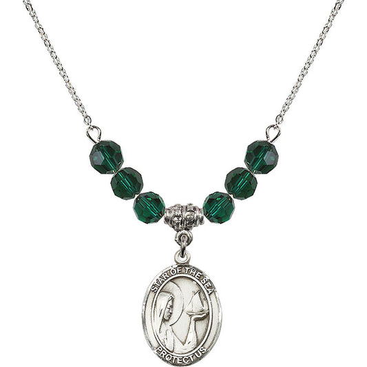 Sterling Silver Our Lady Star of the Sea Birthstone Necklace with Emerald Beads - 8101