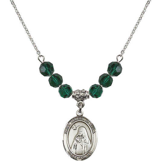 Sterling Silver Saint Teresa of Avila Birthstone Necklace with Emerald Beads - 8102