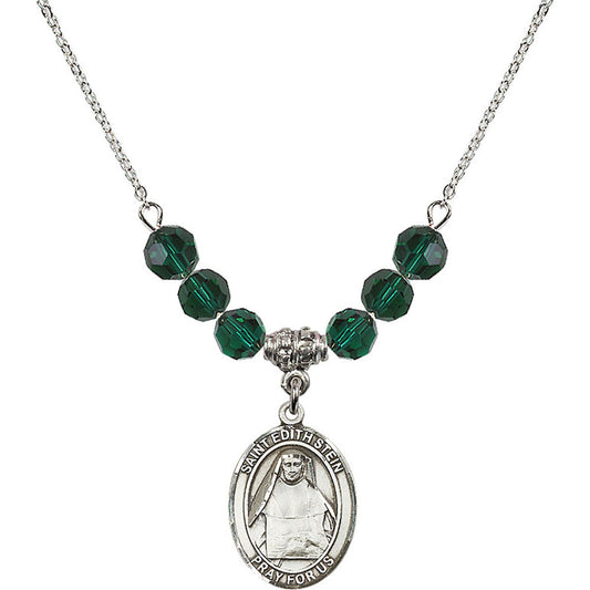 Sterling Silver Saint Edith Stein Birthstone Necklace with Emerald Beads - 8103