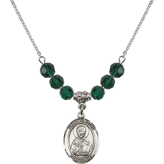 Sterling Silver Saint Timothy Birthstone Necklace with Emerald Beads - 8105
