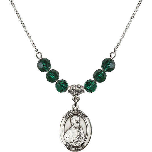 Sterling Silver Saint Thomas the Apostle Birthstone Necklace with Emerald Beads - 8107