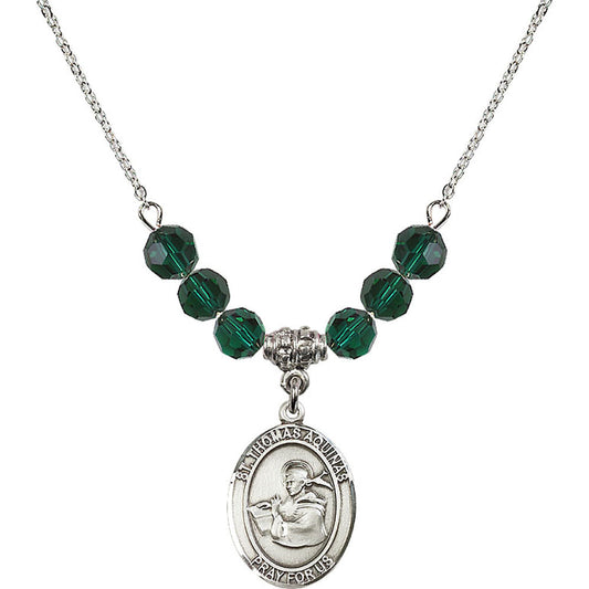 Sterling Silver Saint Thomas Aquinas Birthstone Necklace with Emerald Beads - 8108