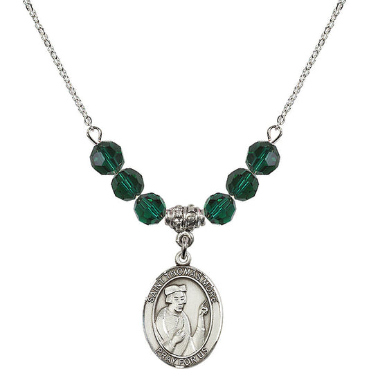 Sterling Silver Saint Thomas More Birthstone Necklace with Emerald Beads - 8109