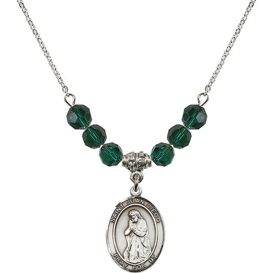 Sterling Silver Saint Juan Diego Birthstone Necklace with Emerald Beads - 8111