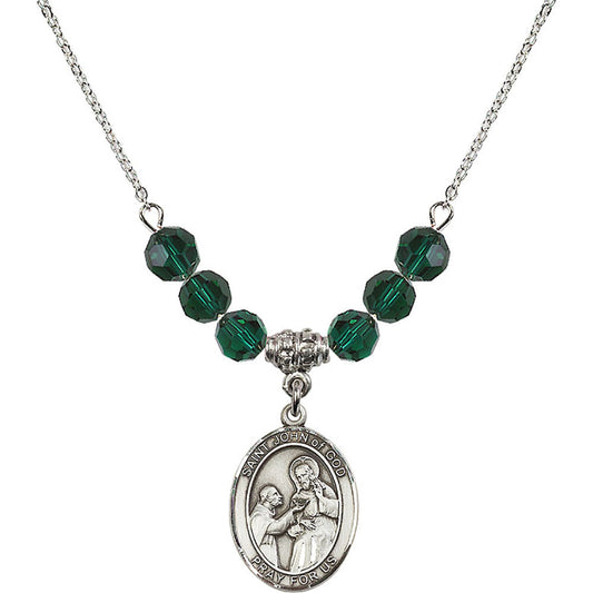 Sterling Silver Saint John of God Birthstone Necklace with Emerald Beads - 8112