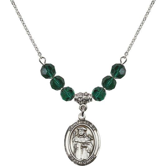 Sterling Silver Saint Casimir of Poland Birthstone Necklace with Emerald Beads - 8113