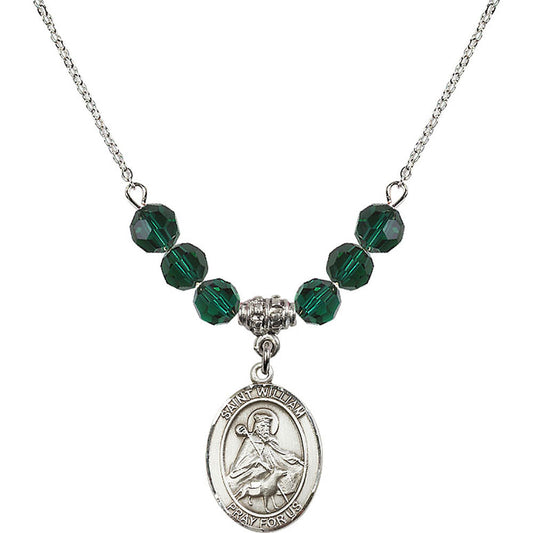 Sterling Silver Saint William of Rochester Birthstone Necklace with Emerald Beads - 8114