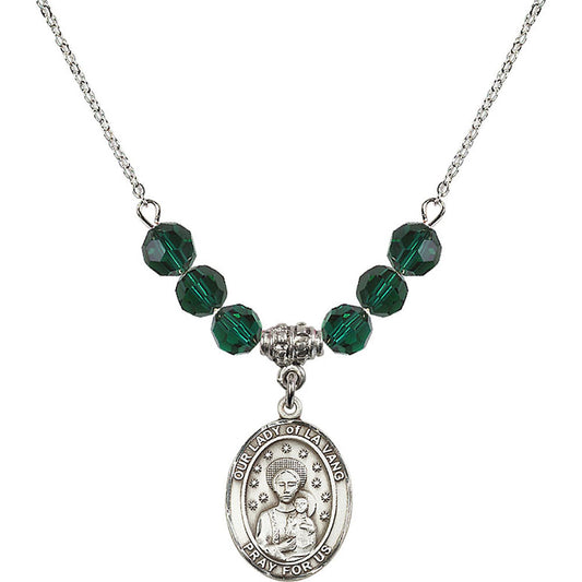 Sterling Silver Our Lady of la Vang Birthstone Necklace with Emerald Beads - 8115