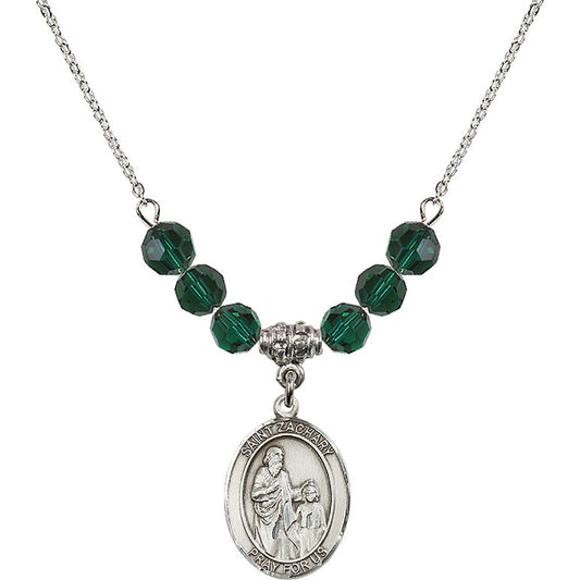 Sterling Silver Saint Zachary Birthstone Necklace with Emerald Beads - 8116